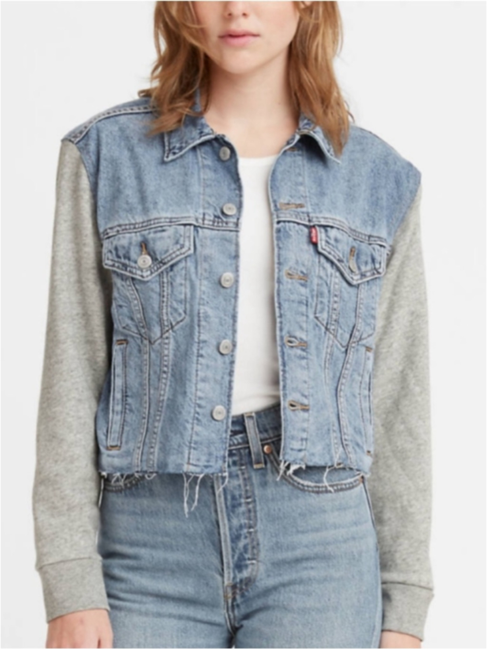 Levi’s Ex Boyfriend Trucker Jacket Cropped Denim Hoodie Hybrid Sleeve NWT Medium